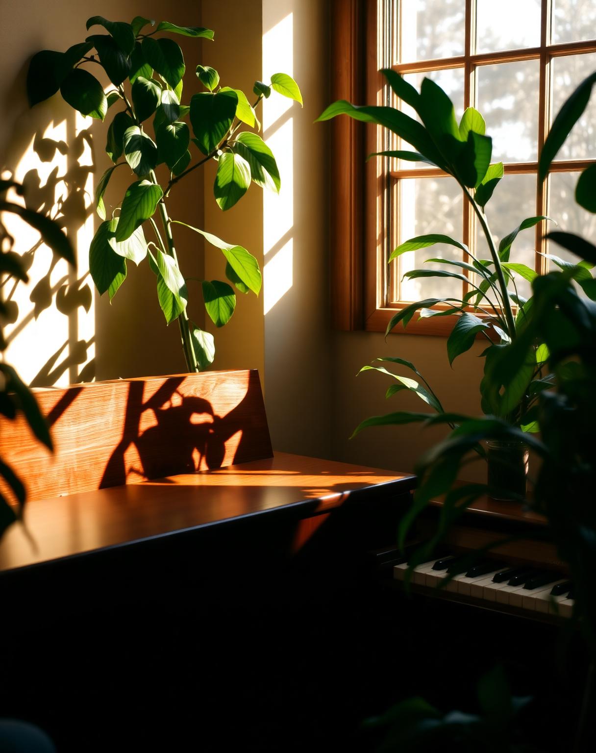 Sunlit piano studio with lush plants and warm light
